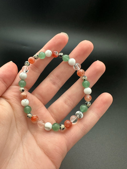 Aventurine, Sunstone, Dalmatian Jasper, Howlite, and Clear Quartz Bracelet