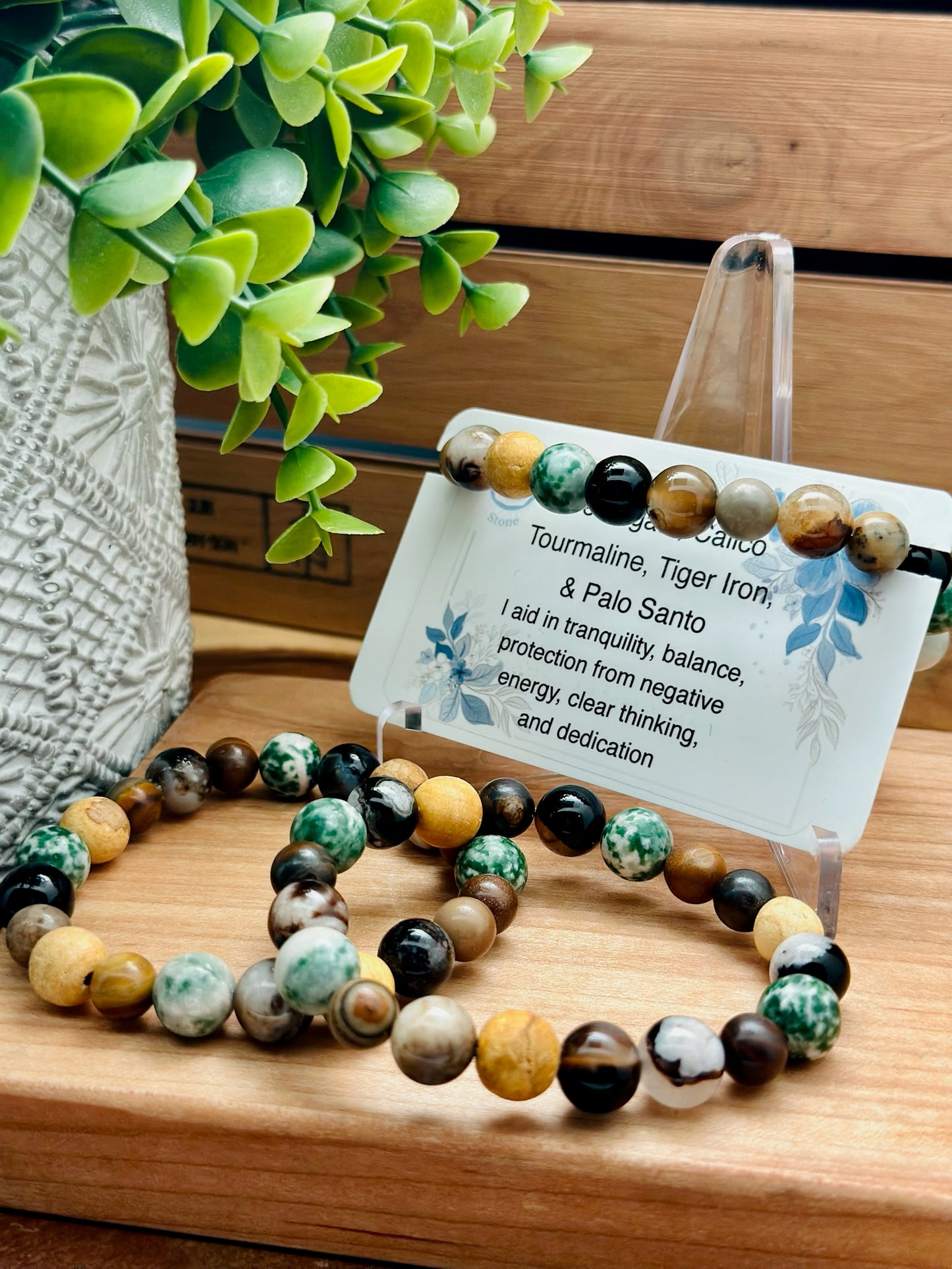 Tree Agate, Calico Tourmaline, Tiger Iron, And Palo Santo Bracelet