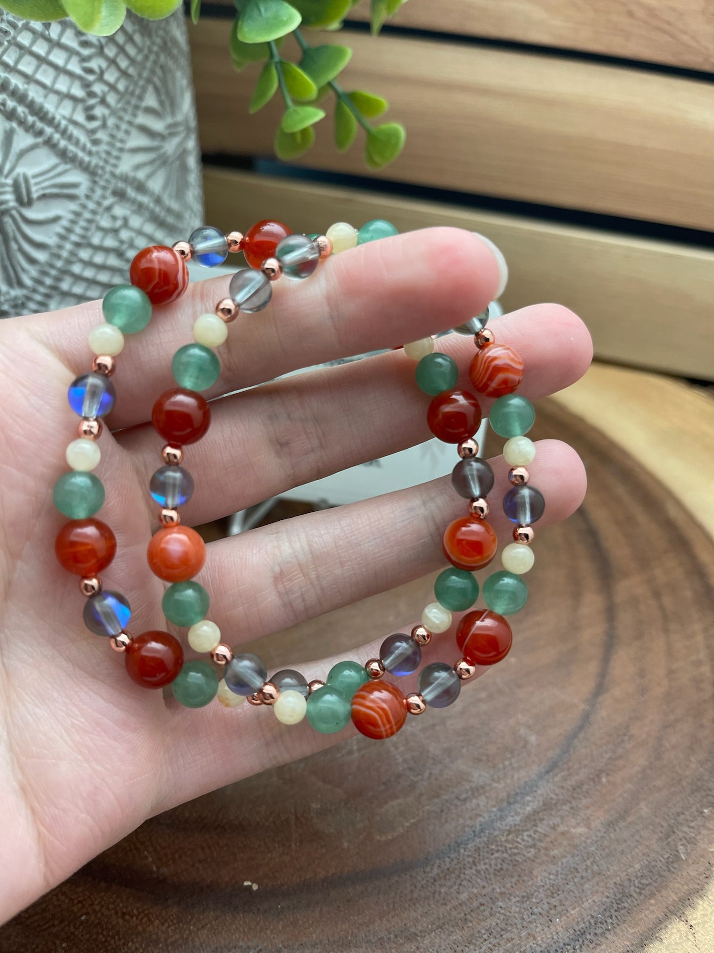 Red Sardonyx, Aventurine, Yellow Calcite, and Mystic Quartz Bracelet