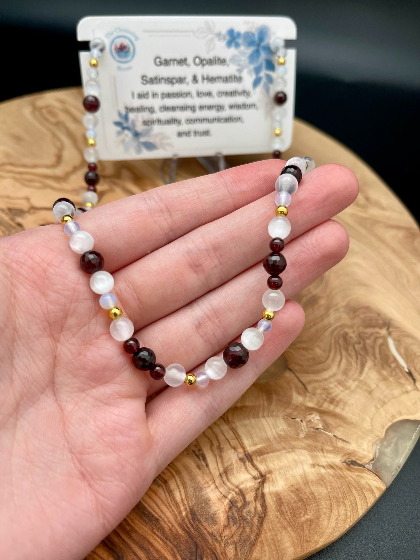 Garnet, Opalite, Satinspar, and Hematite Necklace