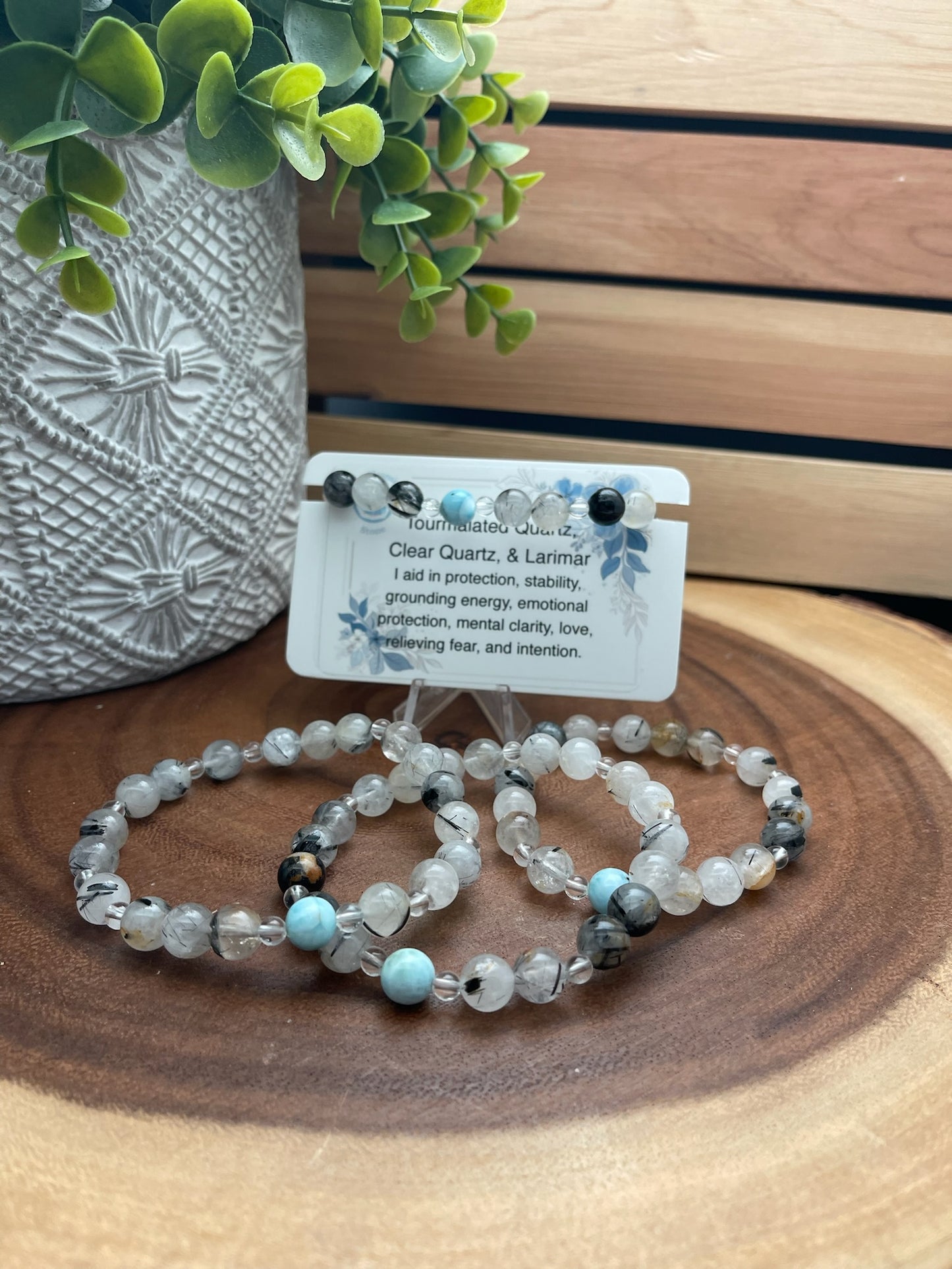 Tourmalated Quartz, Clear Quartz, and Larimar Bracelet