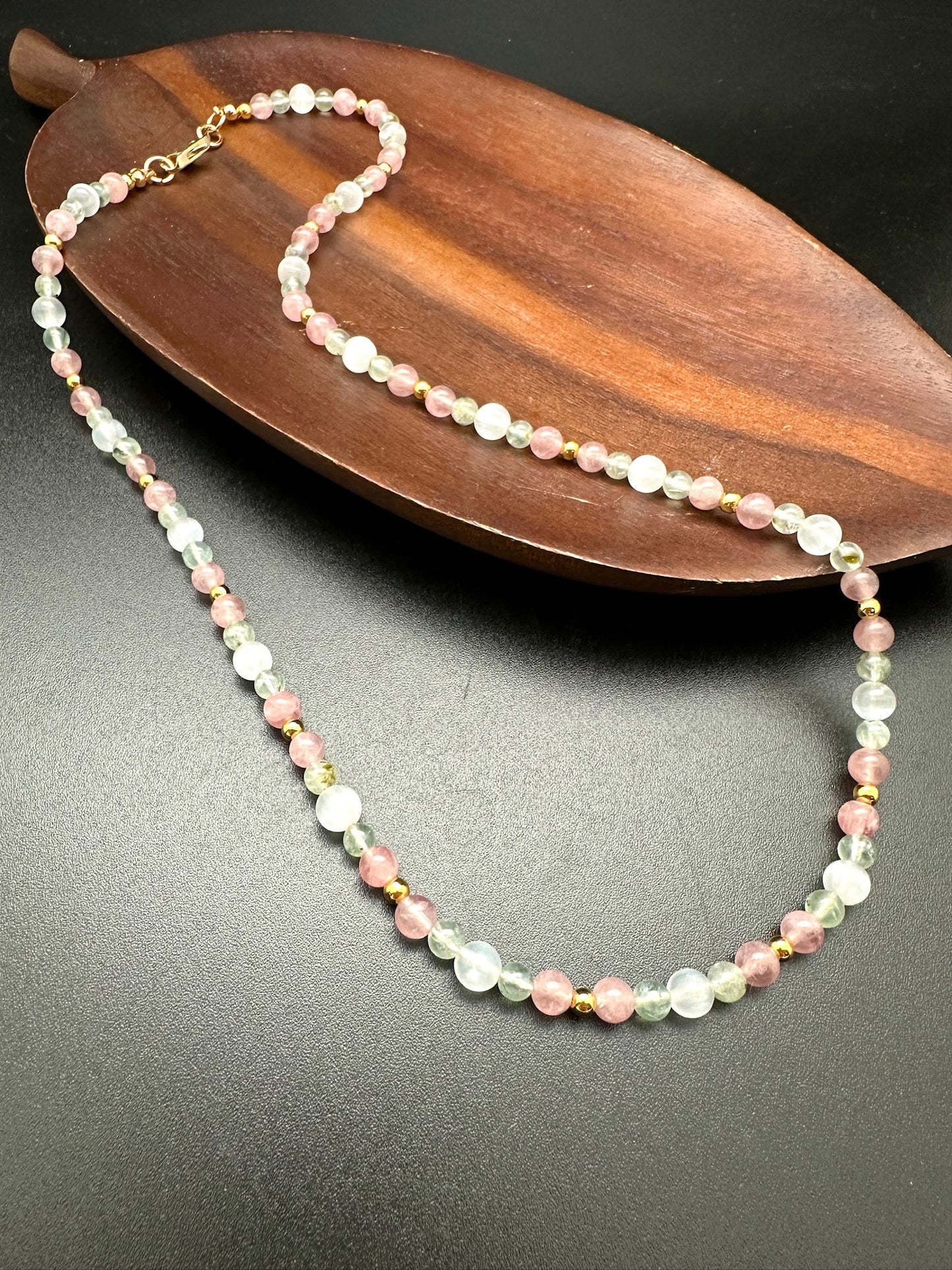 Rose Quartz, Satin Spar, Prehnite, and Hematite Necklace