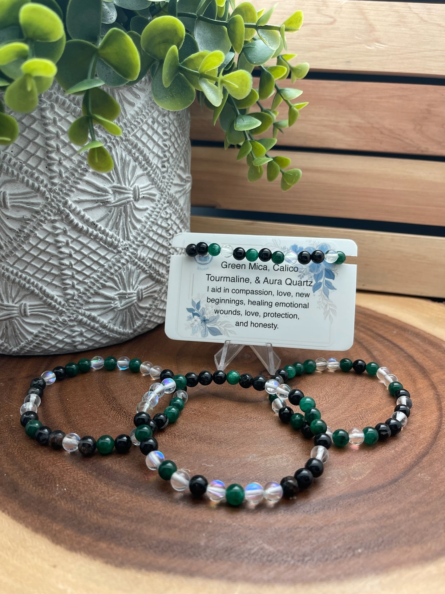 Green Mica, Calico Tourmaline, and Aura Quartz Bracelet