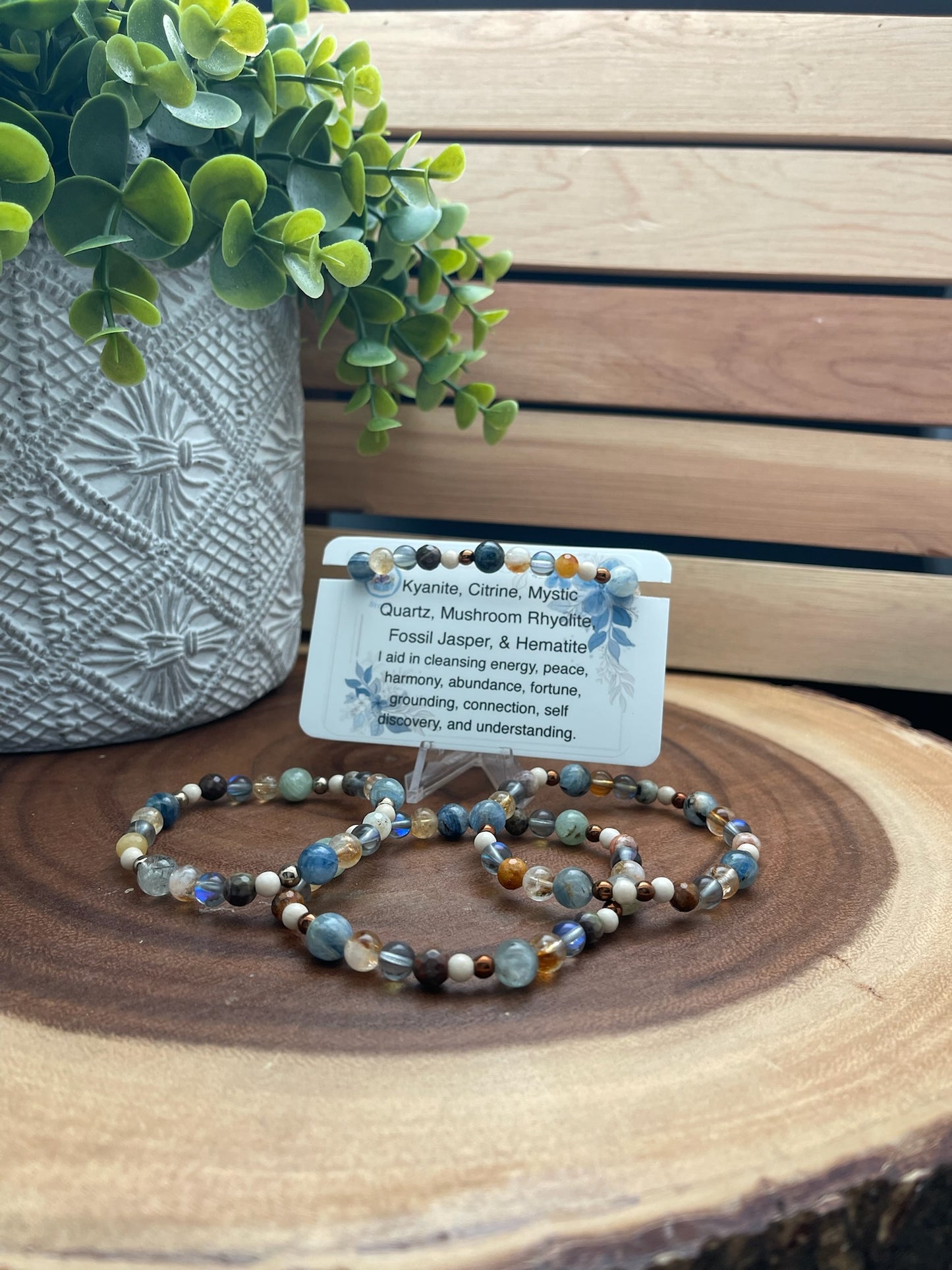 Kyanite, Citrine, Mystic Quartz, Mushroom Rhyolite, Fossil Jasper, and Hematite Bracelet