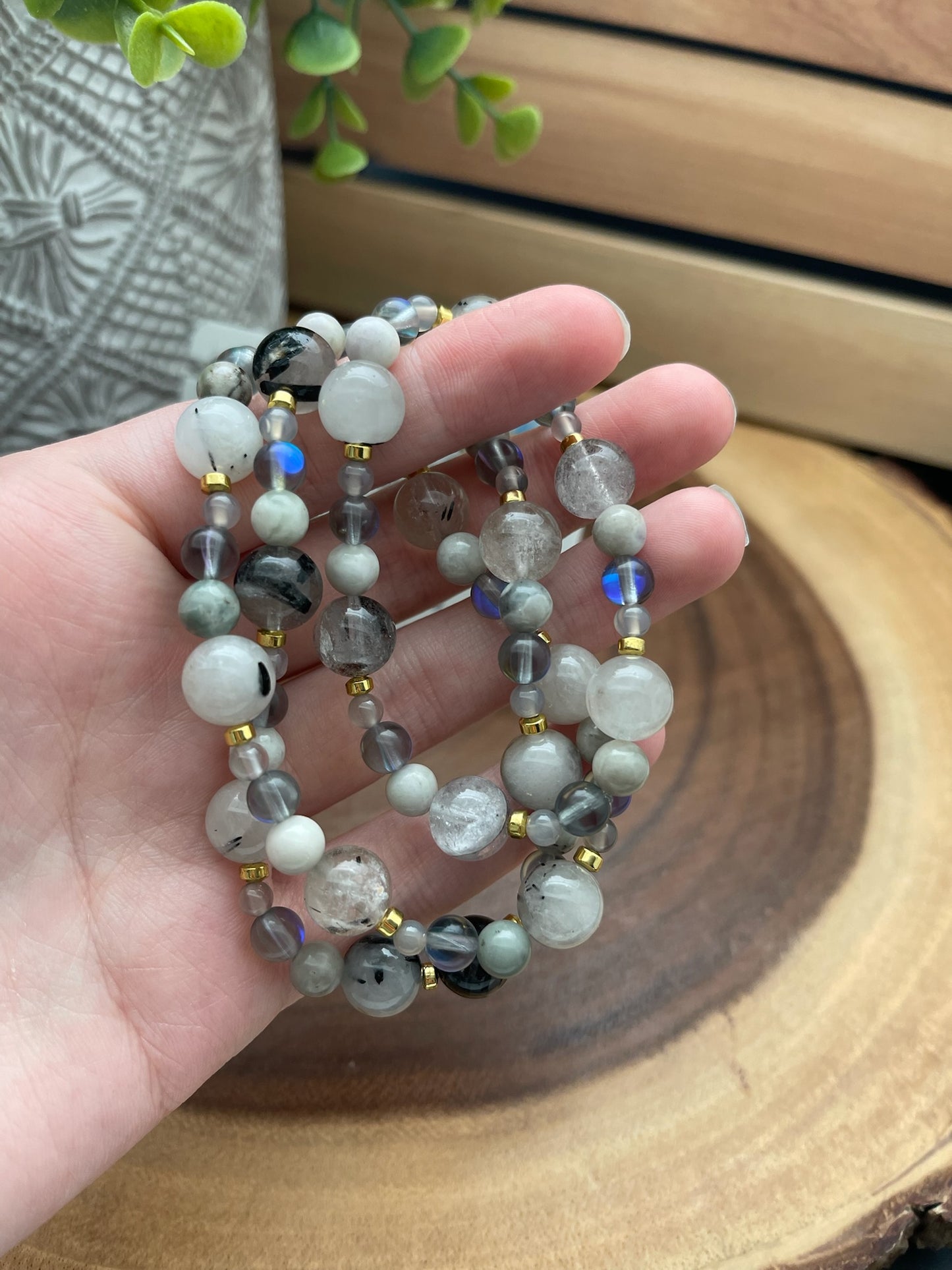 Mystic Quartz, Tourmalated Quartz, Grey Chalcedony, and Harmony Jasper Bracelet