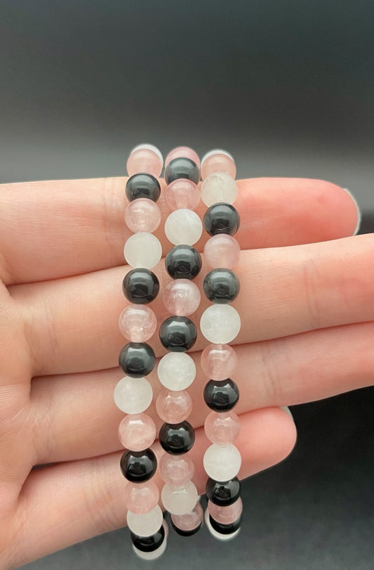 Silver Obsidian, Rose Quartz and White Jade Bracelet