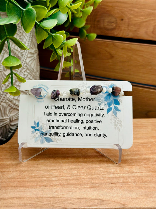 Charoite, Mother of Pearl, & Clear Quartz Bracelets