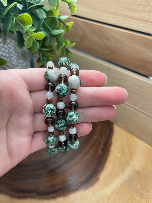 Tree Moss Agate, Moonstone, Smokey Quartz, and Hematite Bracelet