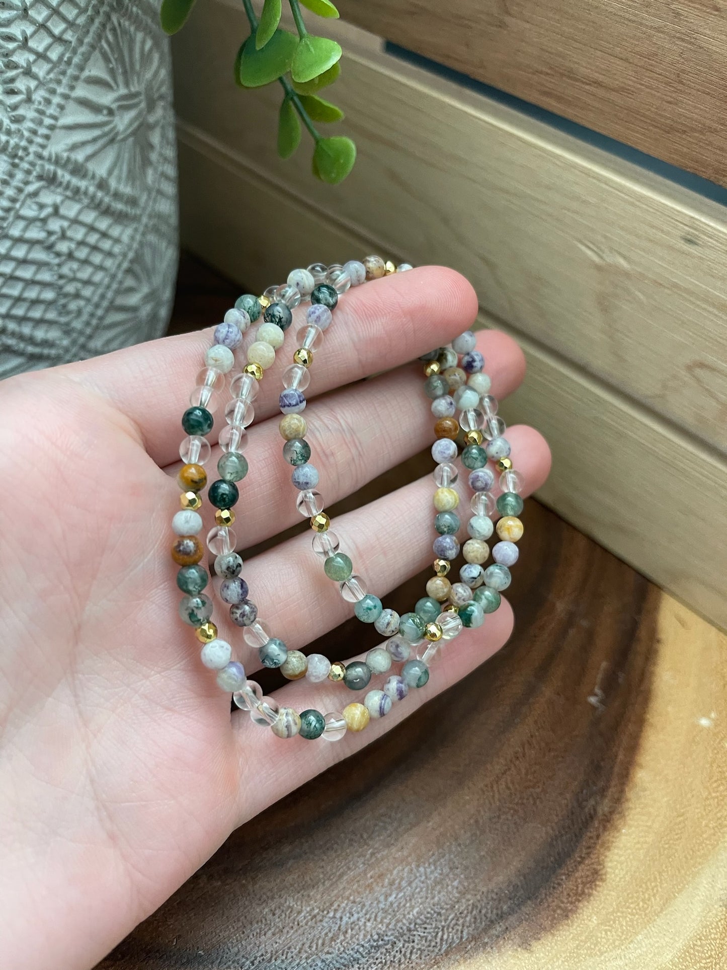 Purple Flower Agate, Clear Quartz, Tree Moss Agate, and Hematite Bracelet