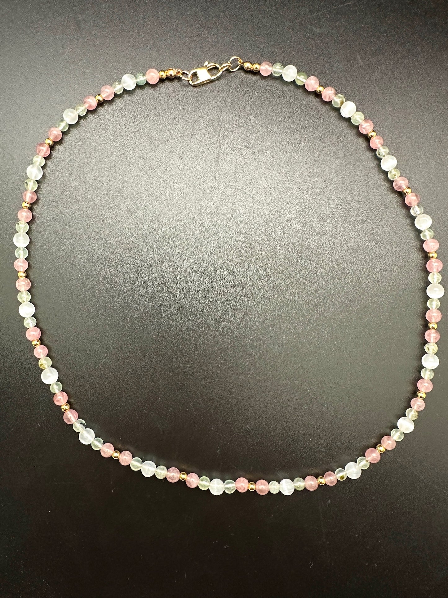 Rose Quartz, Satin Spar, Prehnite, and Hematite Necklace