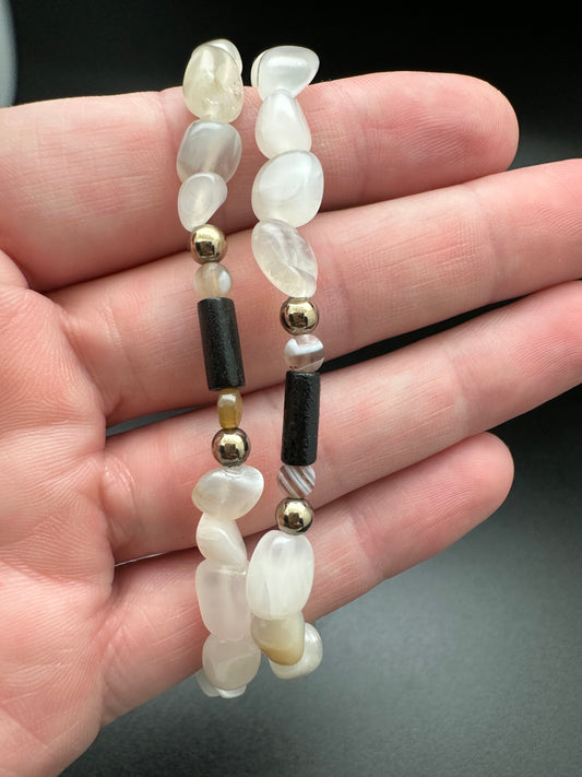 Moonstone, Hematite, Botswana Agate and Wood