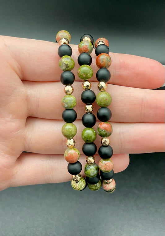 Unakite, Obsidian and Hematite Bracelet