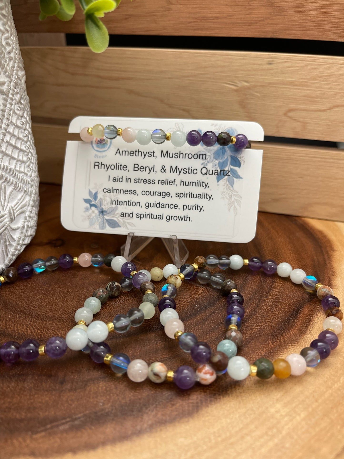 Amethyst, Mushroom Rhyolite, Beryl, and Mystic Quartz Bracelet