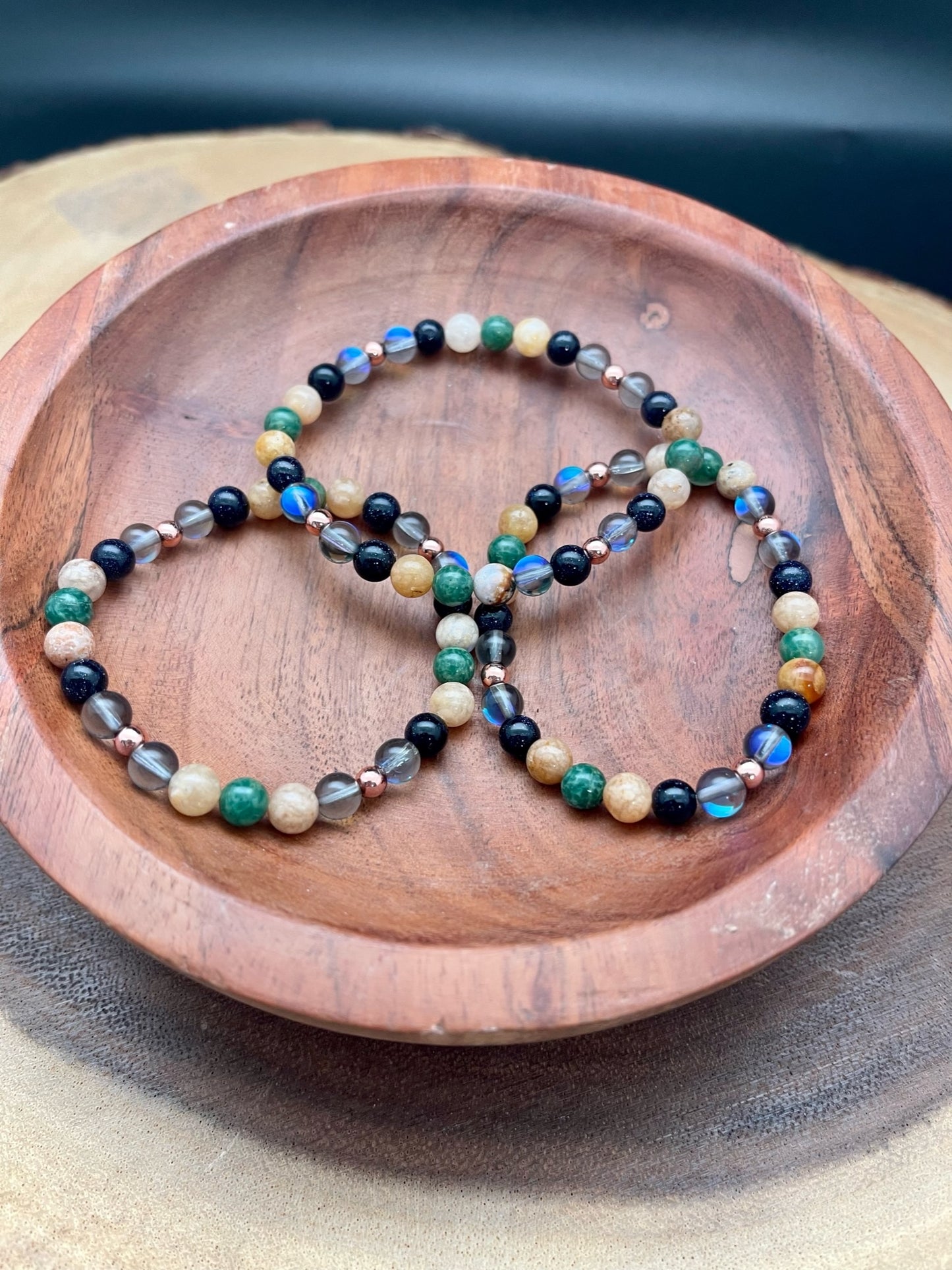 African Jade, Blue Goldstone, Pink Moss Agate, and Mystic Aura Quartz Bracelet