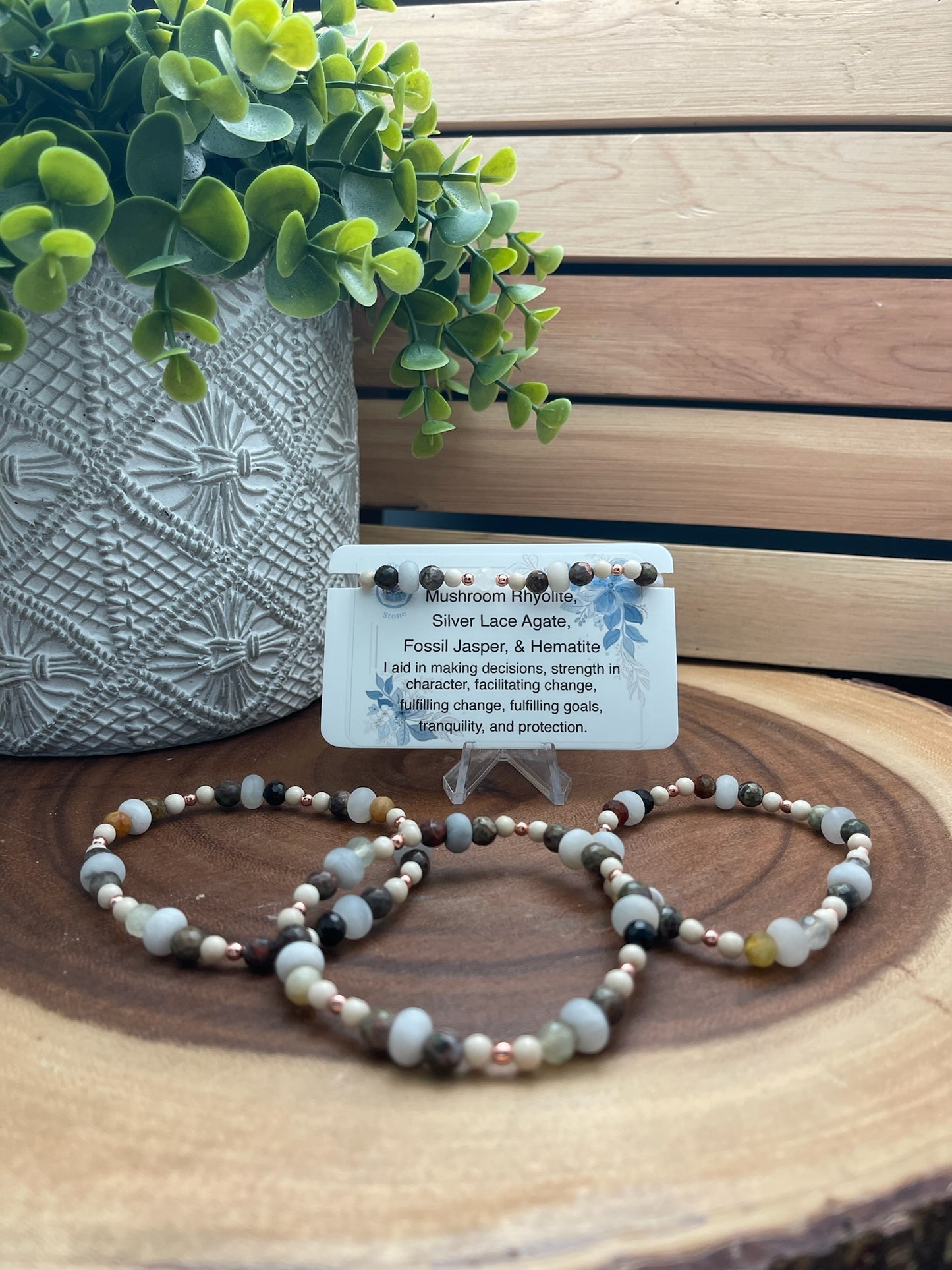 Mushroom Rhyolite, Silver Lace Agate, Fossil Jasper, and Hematite Bracelet