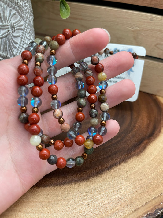 Red Jasper, Mystic Quartz, Mushroom Rhyolite, and Hematite Bracelet