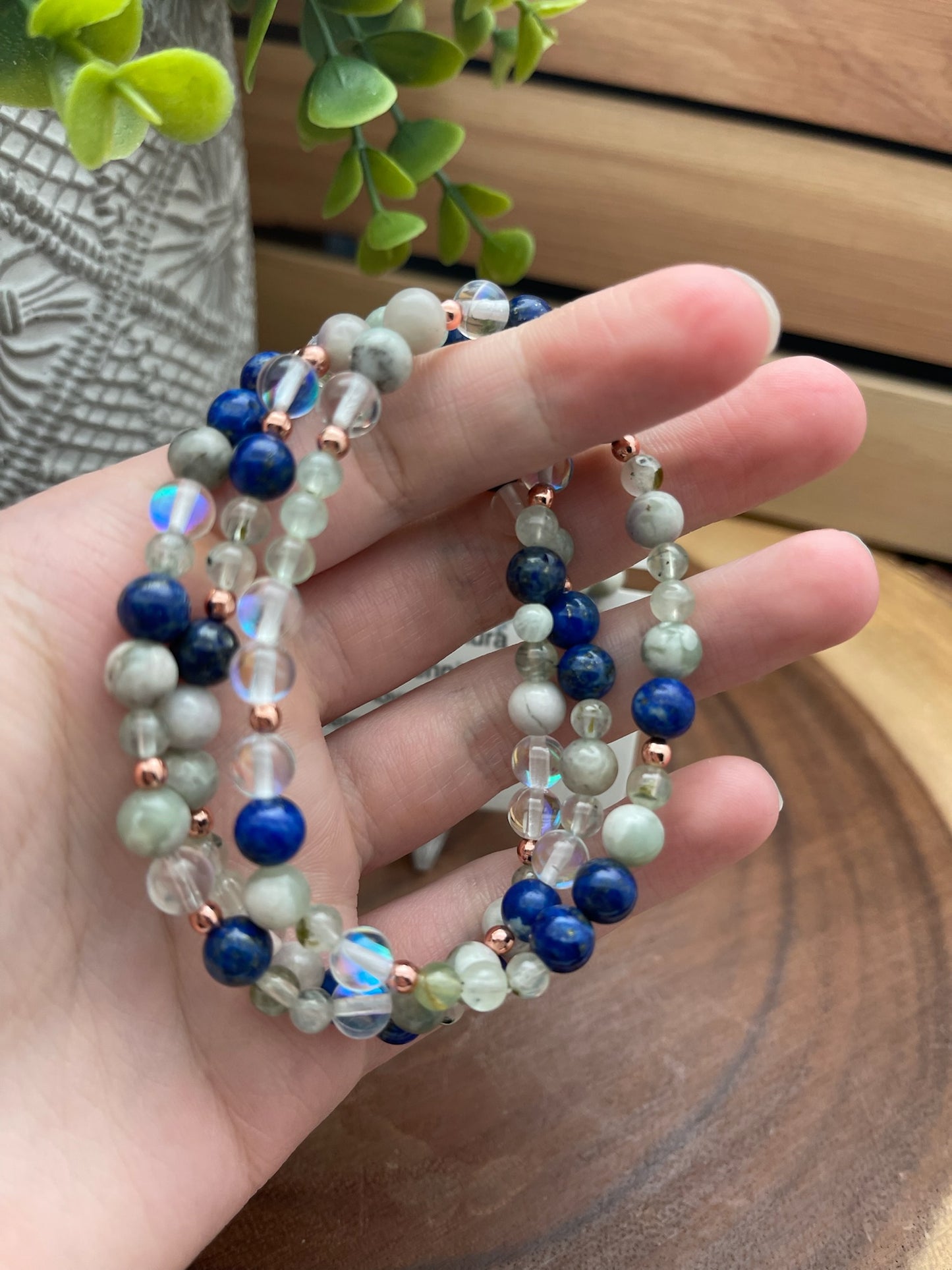 Lapis Lazuli, Harmony Jasper, Aura Quartz, and Prehnite Bracelet