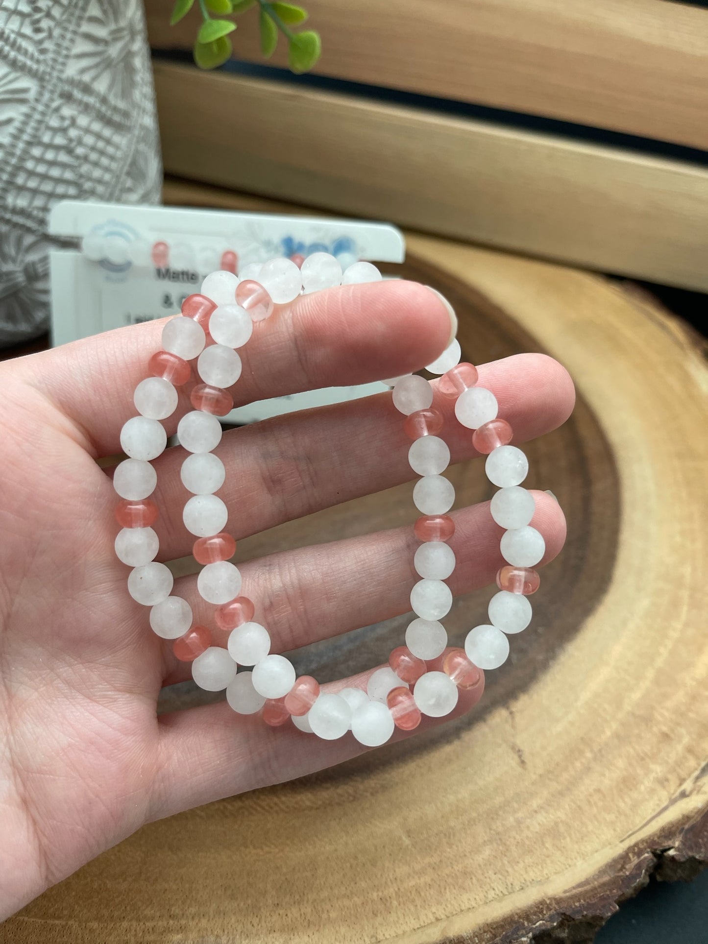 Matte White Jade and Cherry Quartz Bracelets