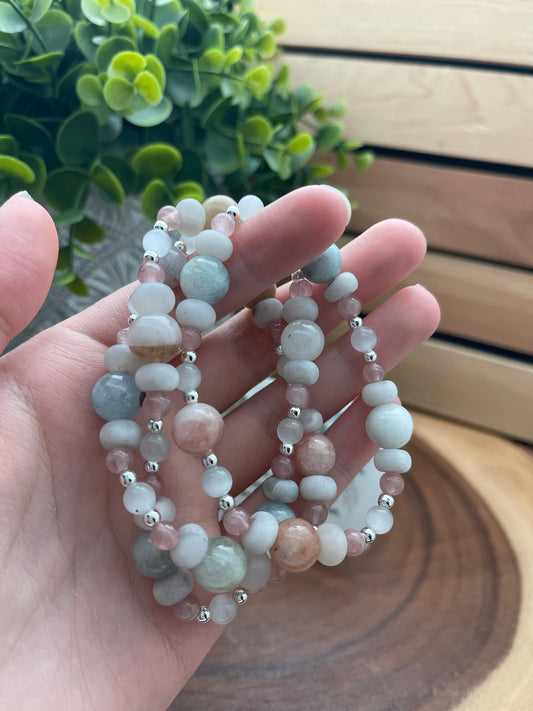 Silver Lace Agate, Beryl, Rose Quartz, and Satin Spar Bracelet