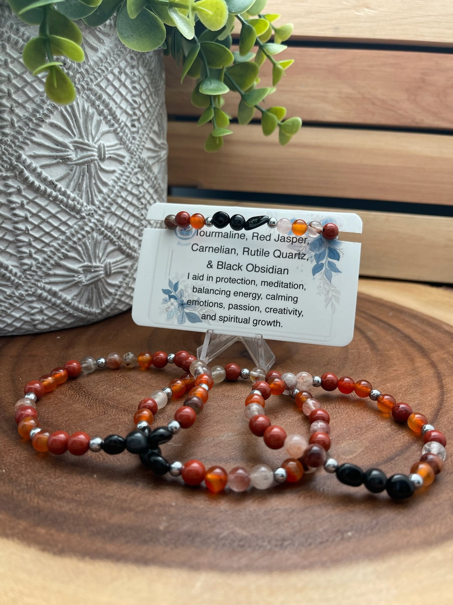 Tourmaline, Red Jasper, Carnelian, Rutile Quartz, & Black Obsidian Bracelet