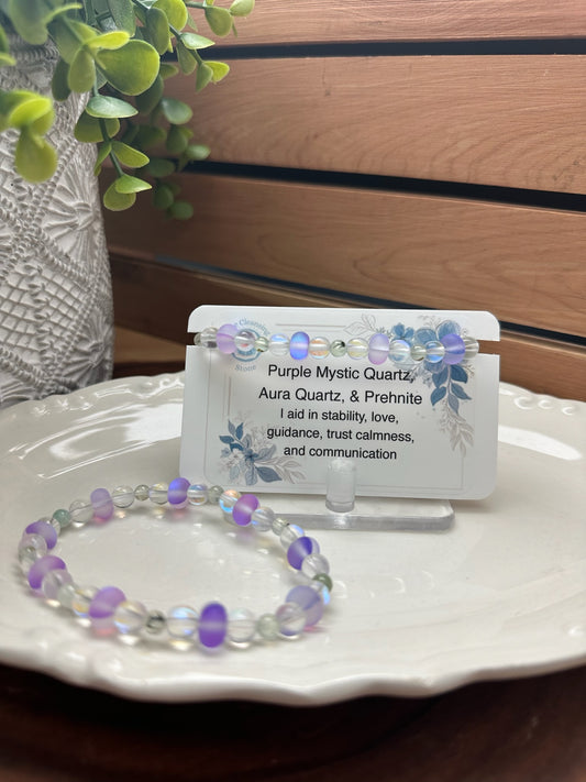 Purple Mystic Quartz, Aura Quartz, & Prehnite Bracelet