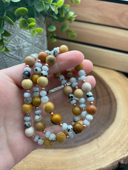 Mookiate, Blue Lace Agate, Tourmalated Moonstone, and Hematite Bracelet