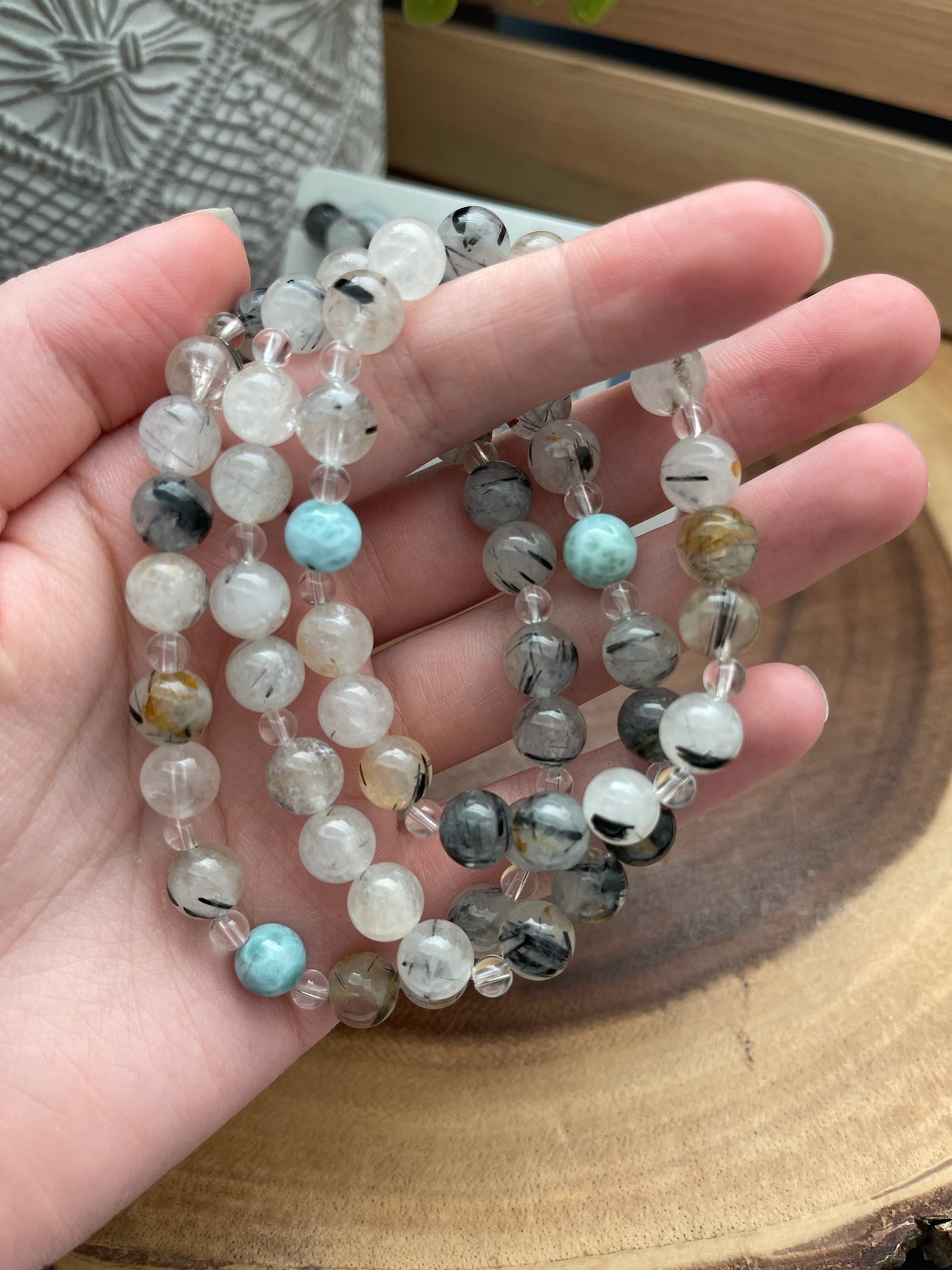 Tourmalated Quartz, Clear Quartz, and Larimar Bracelet