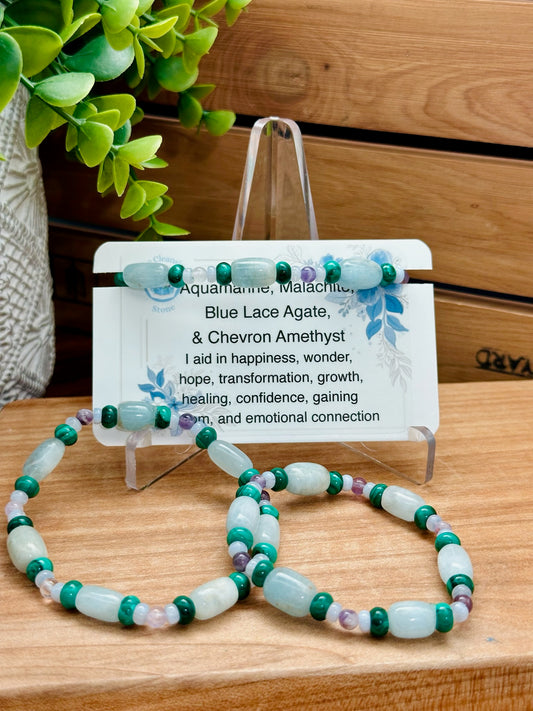 Aquamarine, Malachite, Blue Lace Agate, & Chevron Amethyst Bracelet