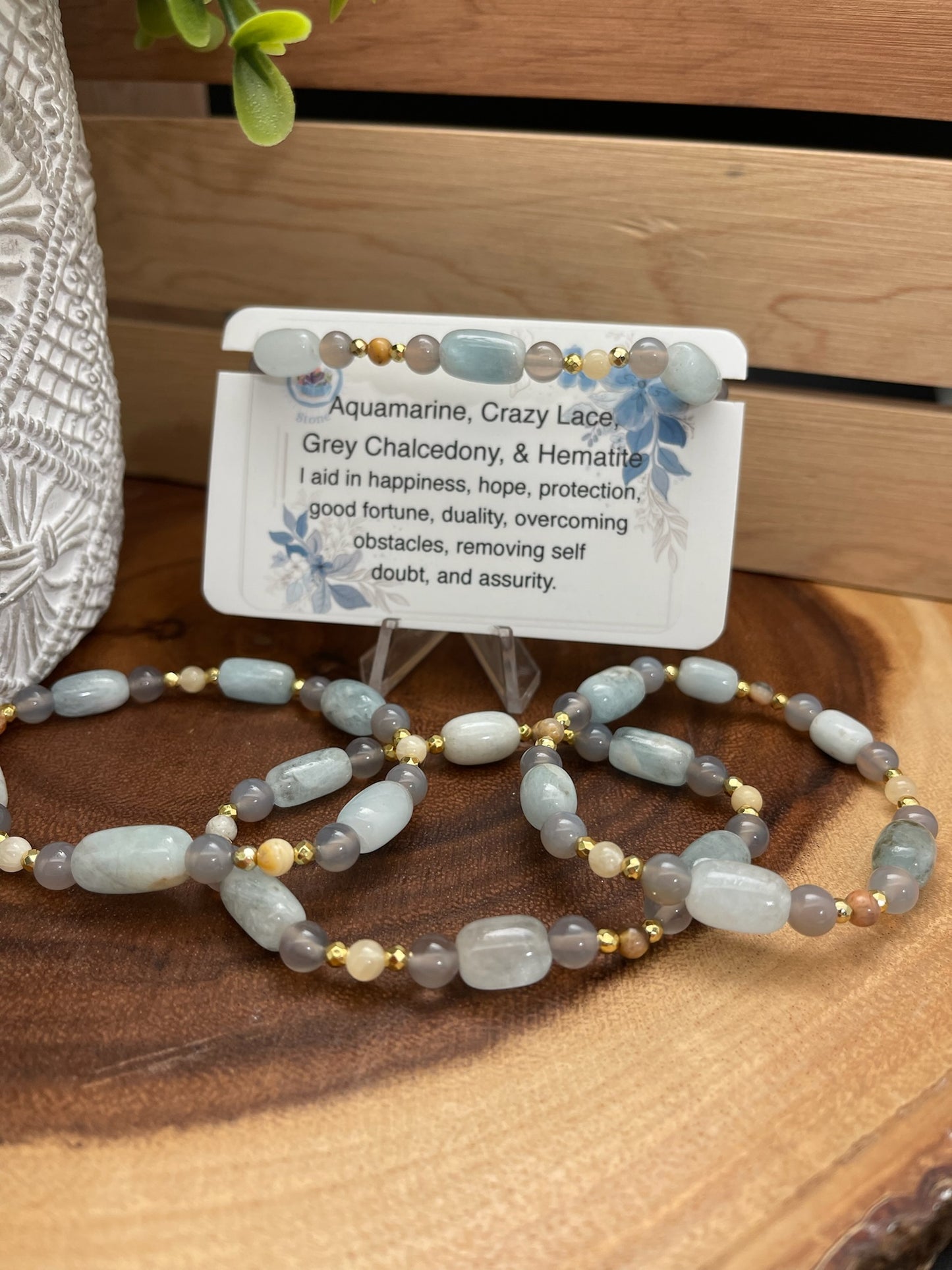 Aquamarine, Crazy Lace Agate, Grey Chalcedony, and Hematite Bracelet