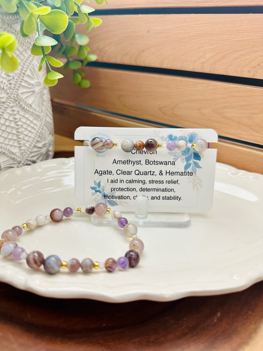 Chevron Amethyst, Botswana Agate, Clear Quartz, and Hematite Bracelet