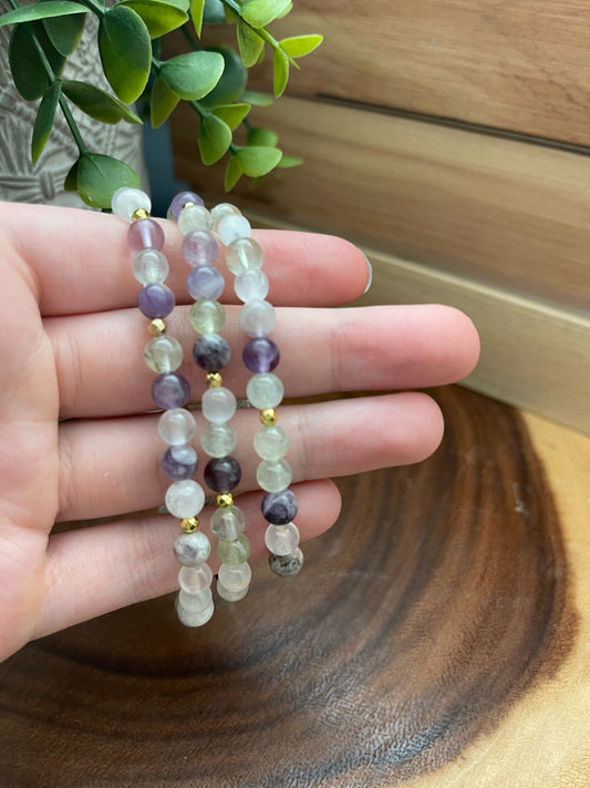 Chevron Amethyst, Prehnite, Satin Spar, and Hematite Bracelet