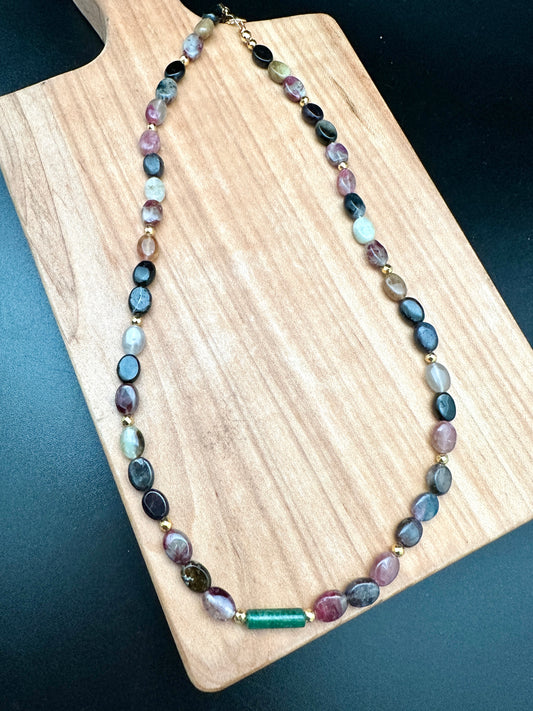 Watermelon Tourmaline, Hematite and Aventurine Necklace