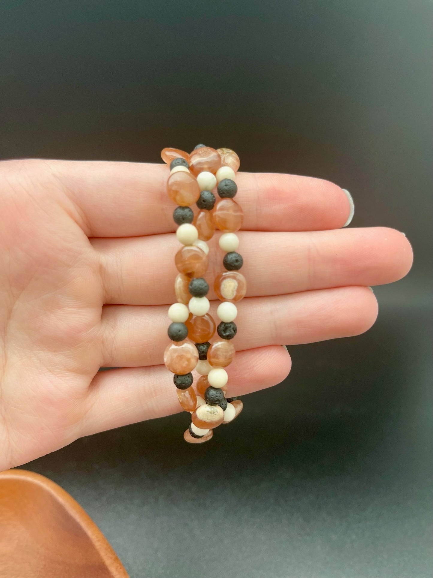 Rhodochrosite, Fossil Jasper and Lava Bracelet