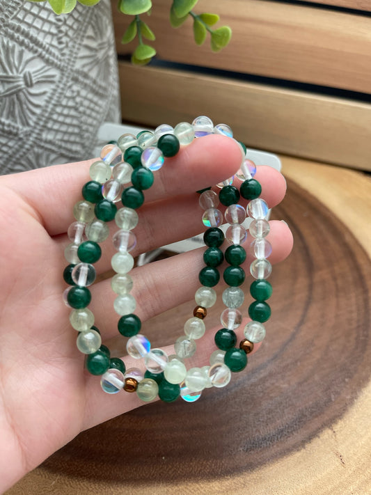 Prehnite, Green Mica, & Aura Quartz Bracelet