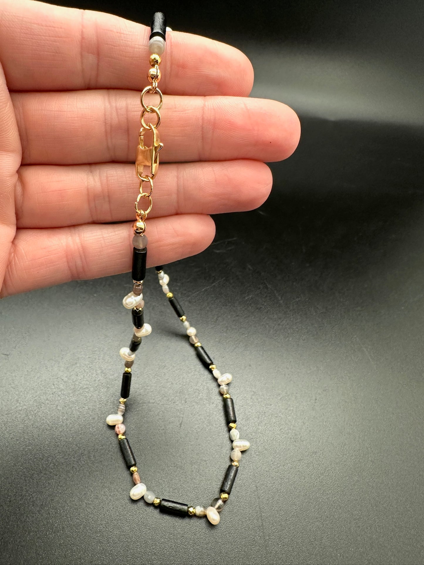 Botswana Agate, Pearl, Wood, and Hematite Necklace