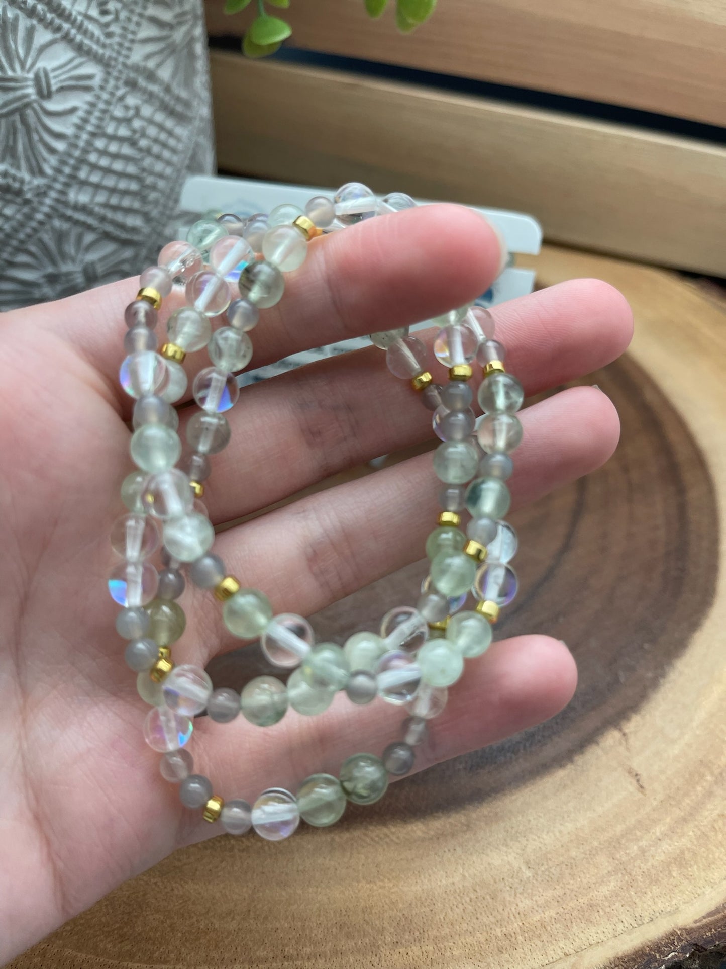 Prehnite, Grey Chalcedony, Aura Quartz, & Hematite Bracelet