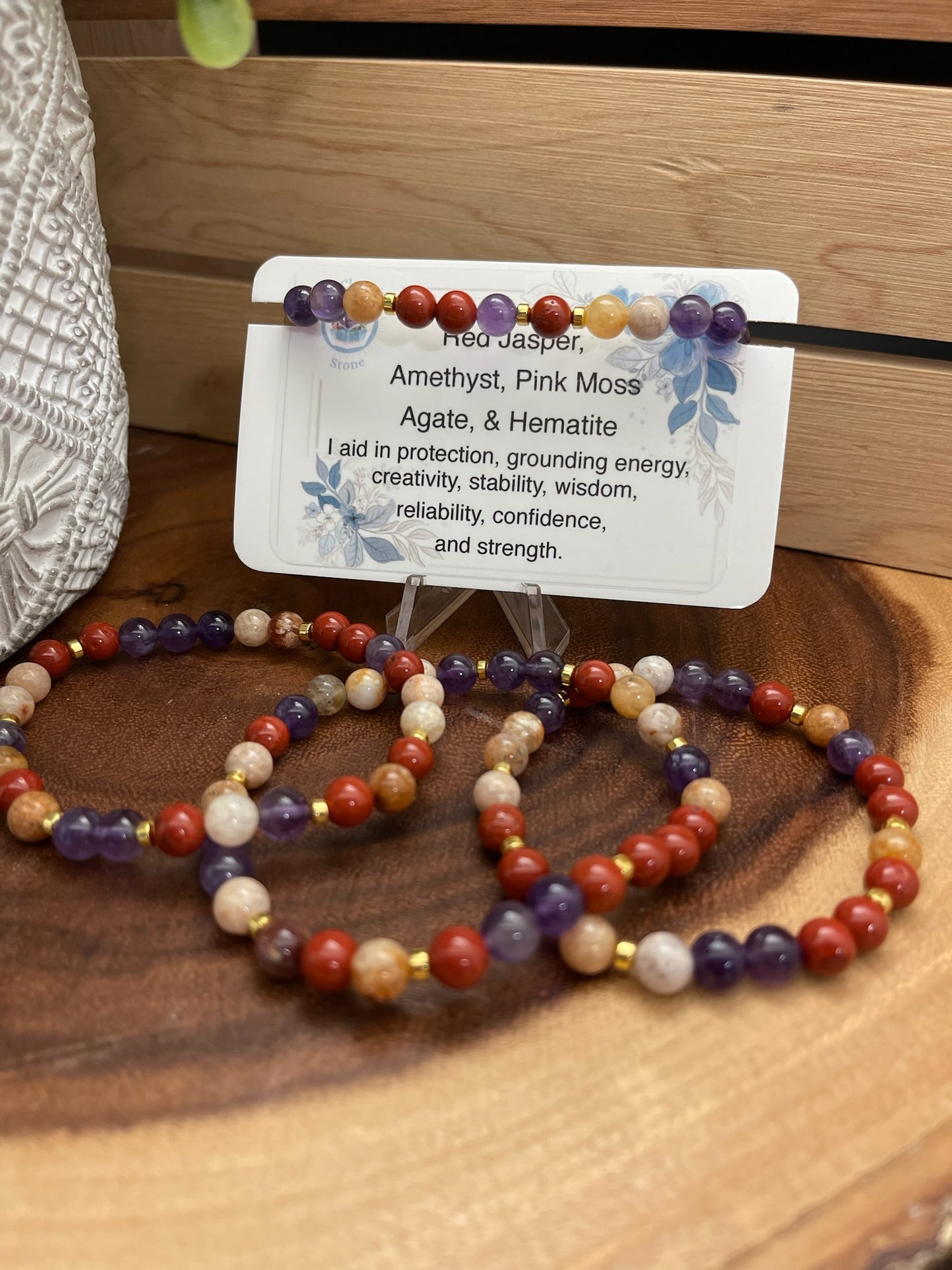 Red Jasper, Amethyst, Pink Moss Agate, and Hematite Bracelet