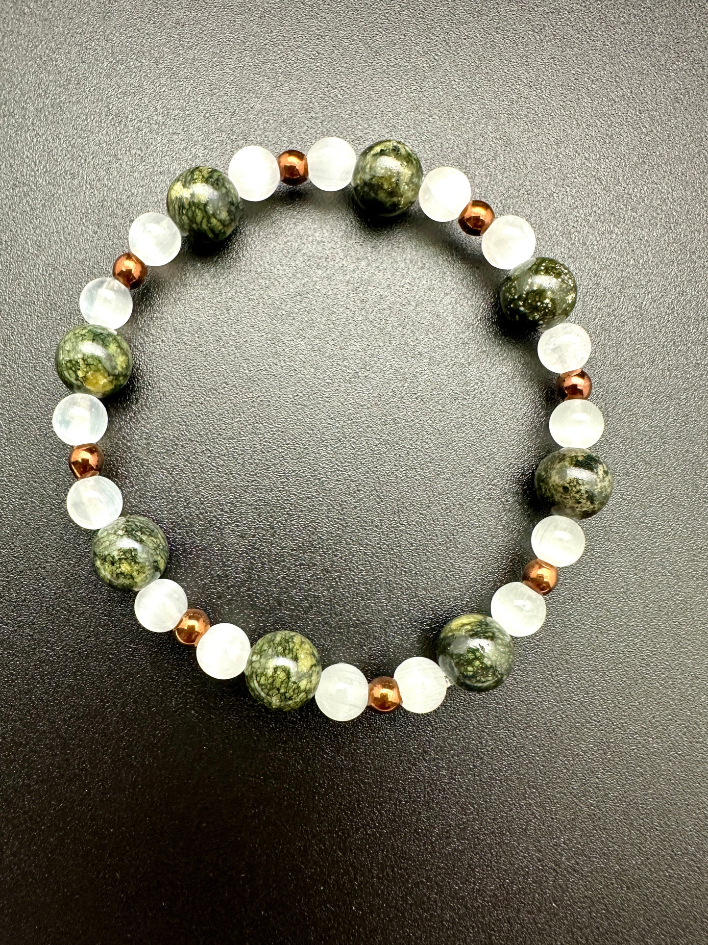 Serpentine, Satin Feldspar and Hematite Bracelet