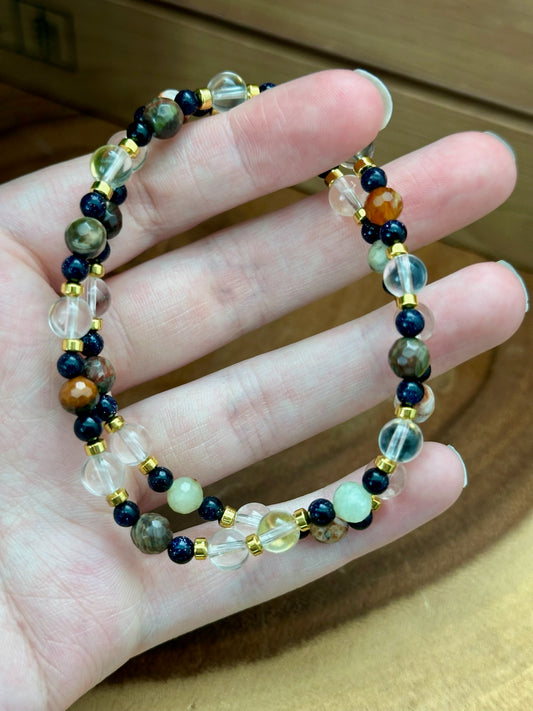 Clear Quartz, Mushroom Rhyolite, Blue Goldstone, & Hematite Bracelet