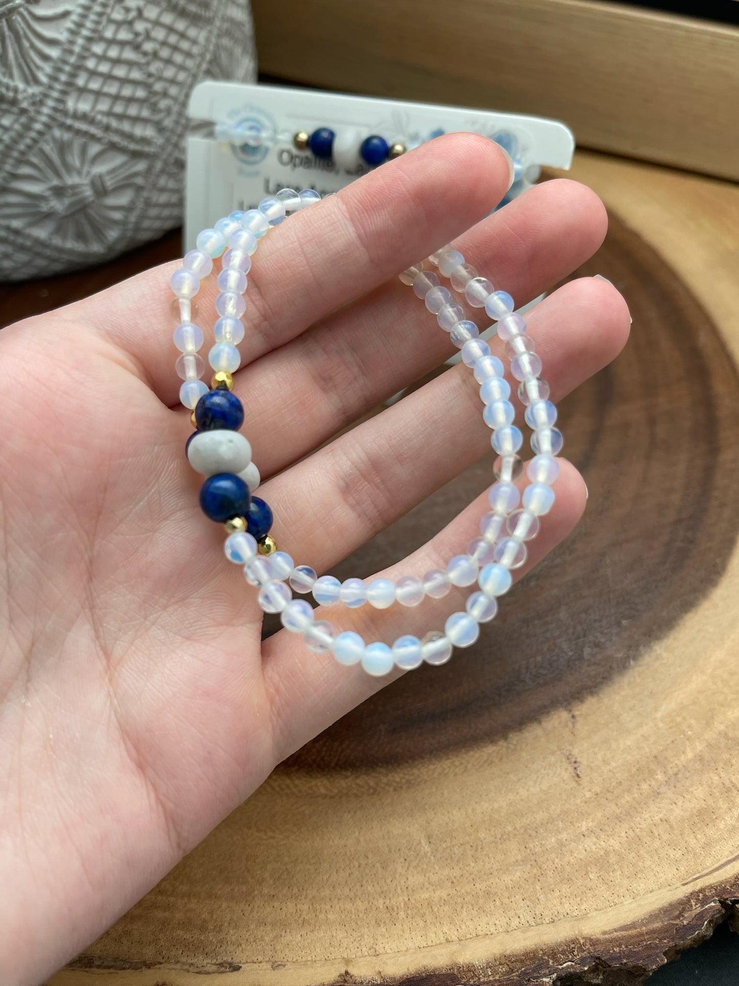 Opalite, Lapis, Silver Lace Agate, & Hematite Bracelet