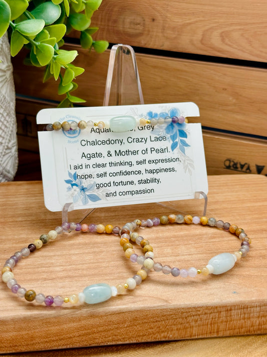 Aquamarine, Grey Chalcedony, Crazy Lace Agate, Amethyst, & Mother of Pearl Bracelet