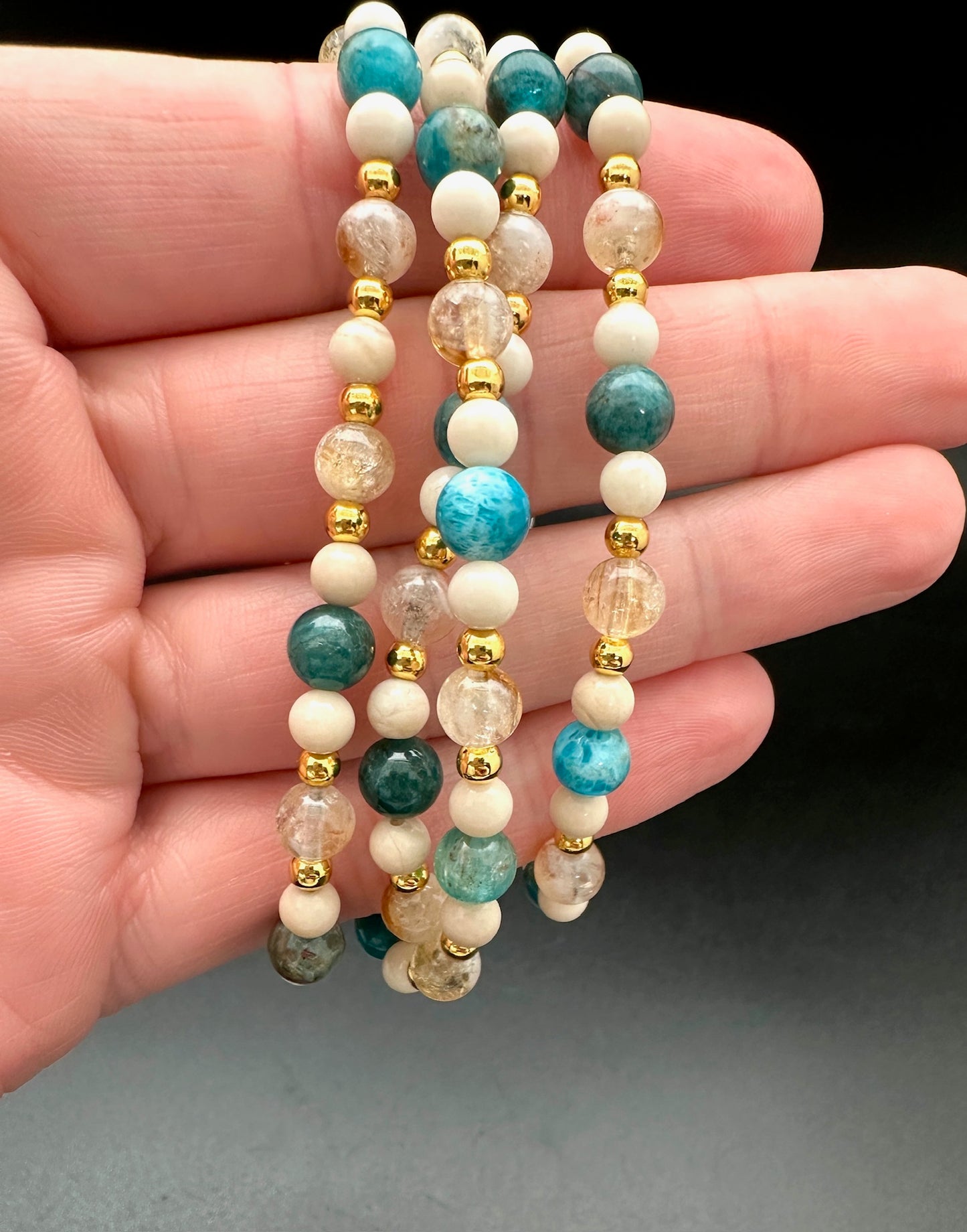 Citrine, Fossil Jasper, Blue Apatite, and Hematite Bracelet