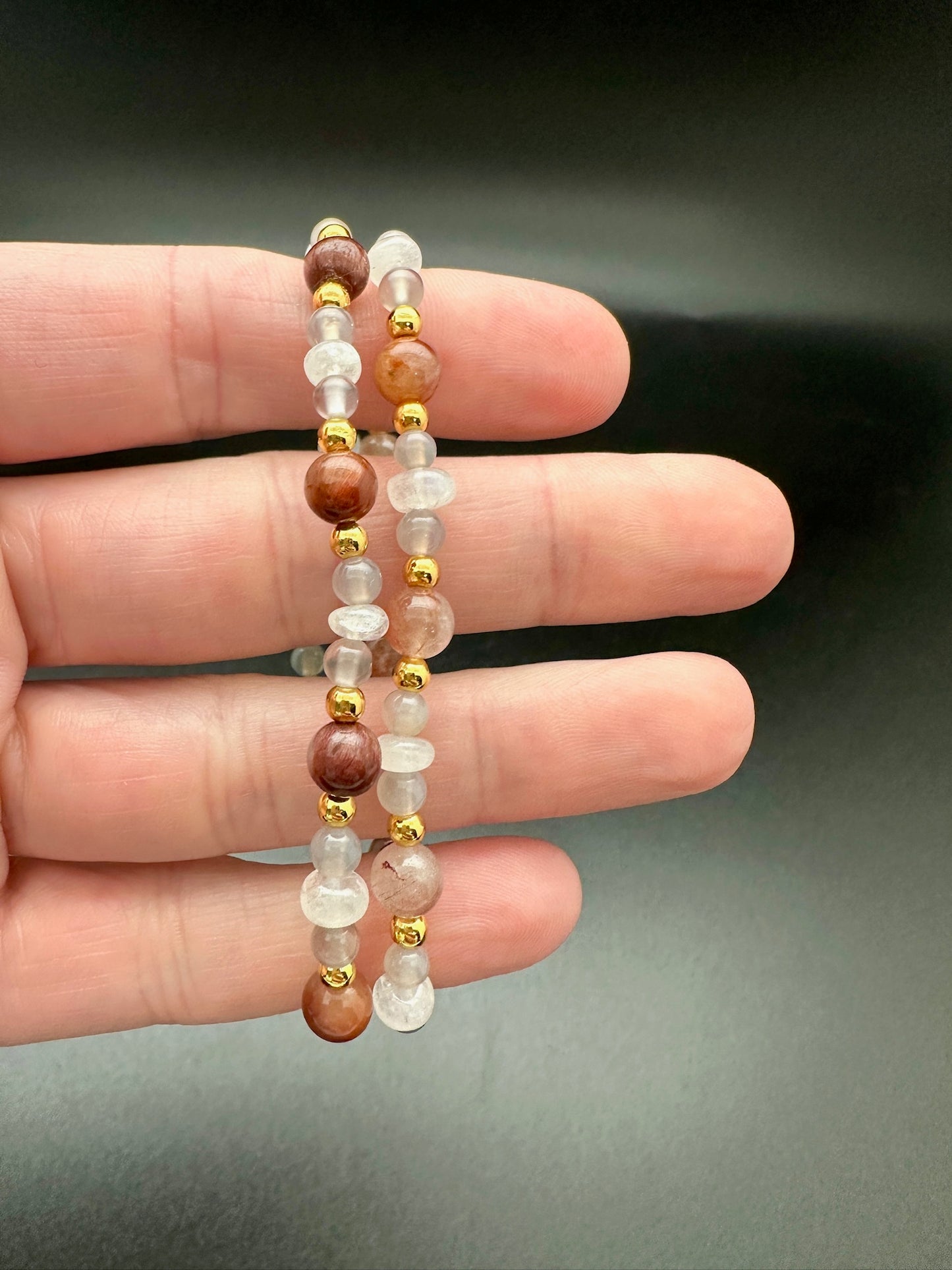 Rutile Quartz, Grey Chalcedony, Moonstone, and Hematite Bracelet