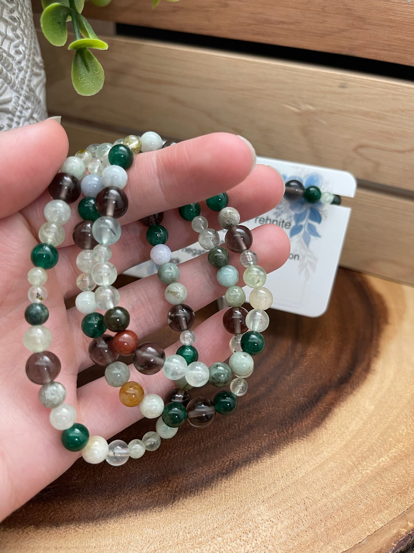 Smokey Quartz, Burmese Jade, and Prehnite Bracelet