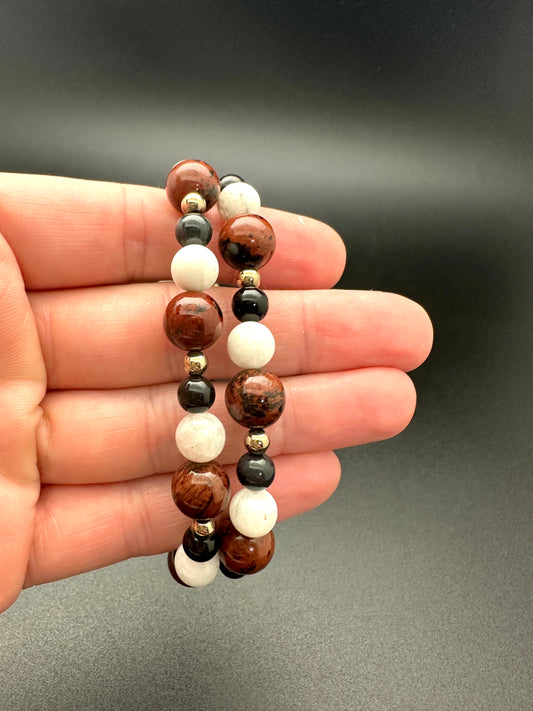 Mahogany Obsidian, Silver Obsidian, Creamy Moonstone and Hematite Bracelet