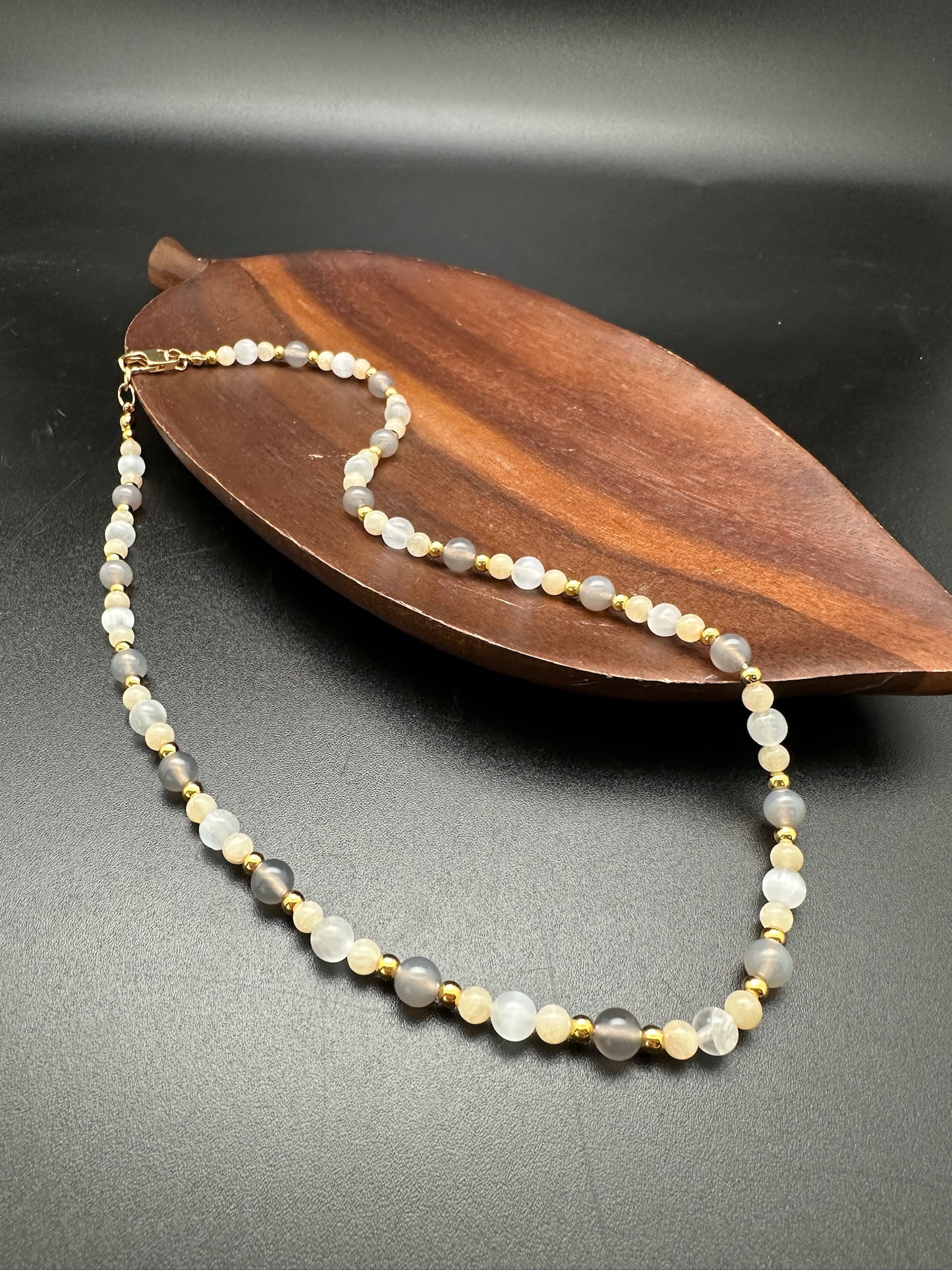 Yellow Calcite, Grey Chalcedony, Satin Spar, and Hematite Necklace