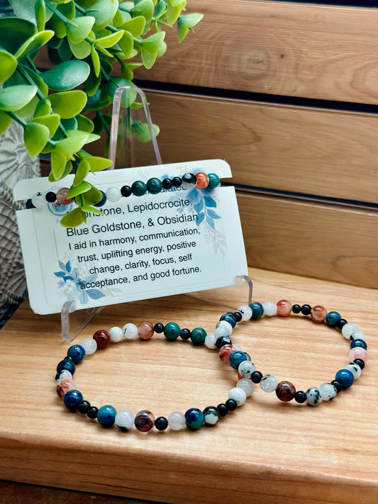 Chrysocolla, Tourmalated Moonstone, Lepidocrocite, Blue Goldstone, & Obsidian Bracelet