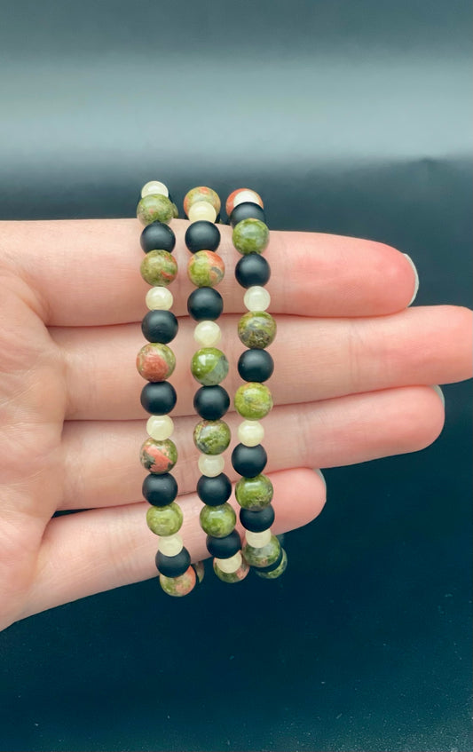 Unakite, Obsidian and Yellow Calcite Bracelet