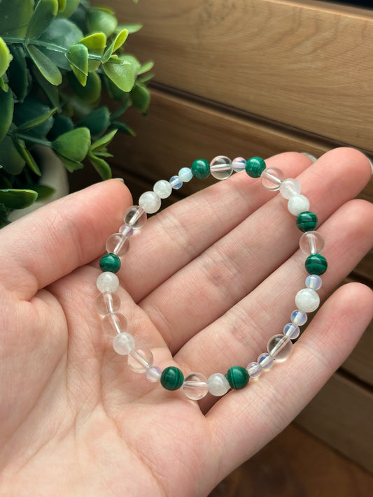 Malachite, Moonstone, Clear Quartz, and Opalite Bracelet