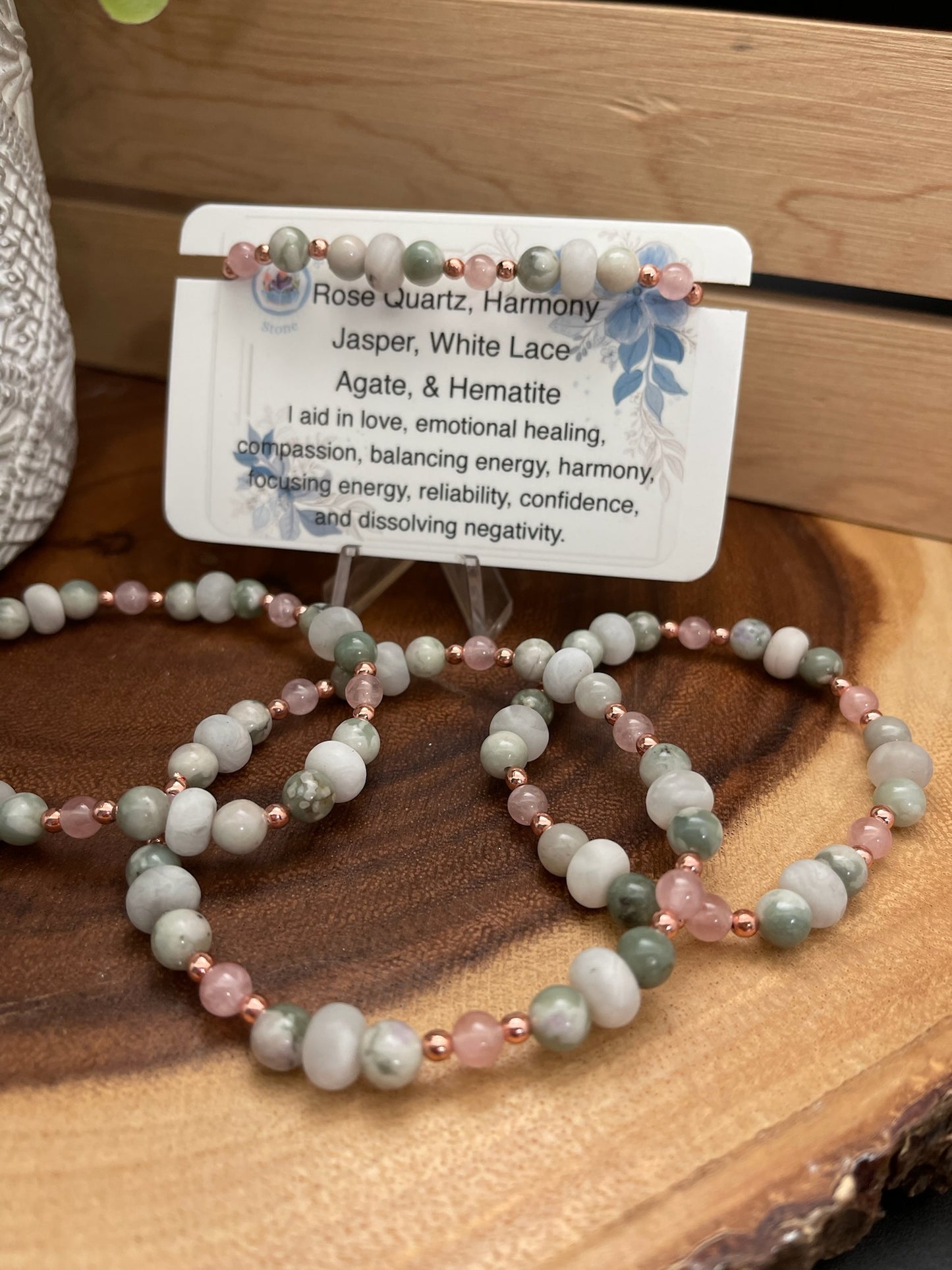 Rose Quartz, Harmony Jasper, White Lace Agate, and Hematite Bracelet